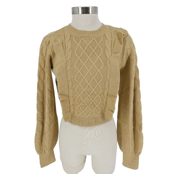 And Now This Cropped Sweater Camel Long Sleeve Ruffle Cable Knit Pullover - Picture 1 of 9